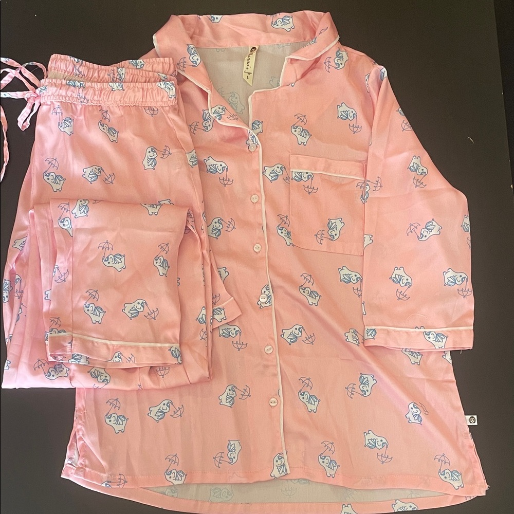 Pink Satin Pajama Set with cartoon Print